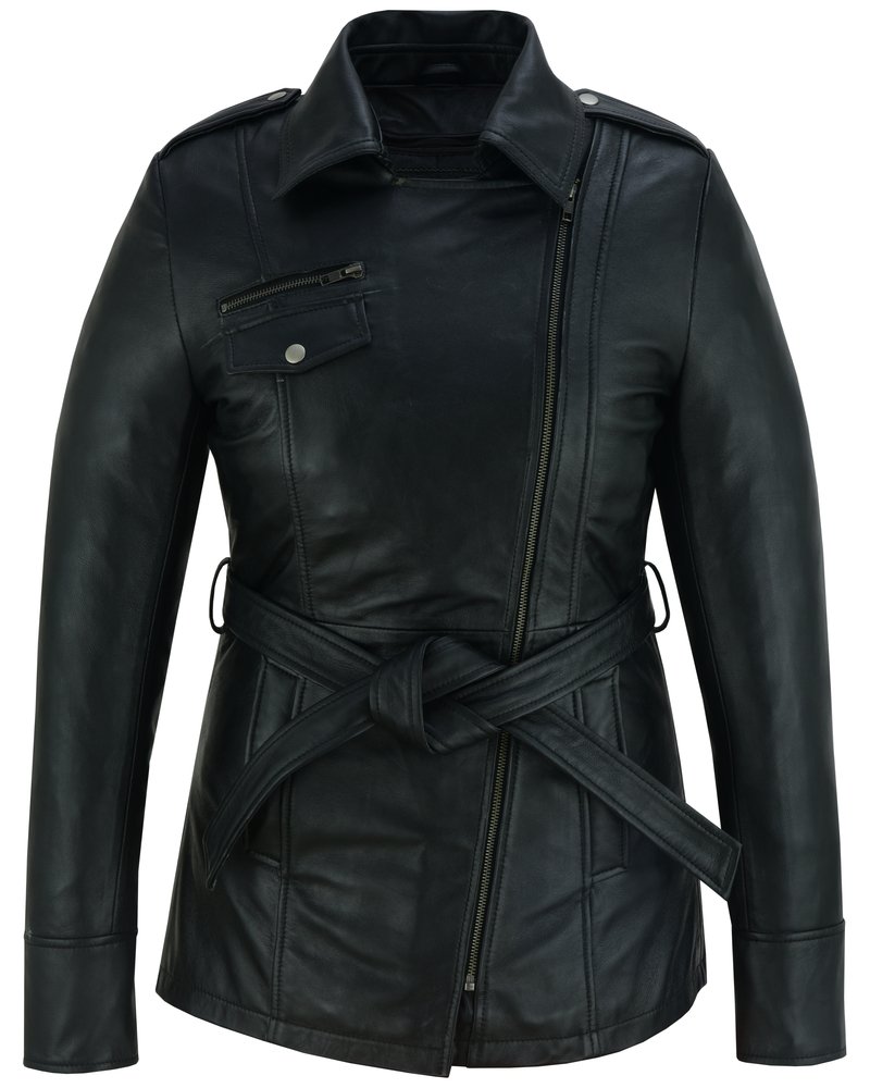 Leather Motorcycle Jacket - Women's - Hip Length - Belt - ELAN-DS