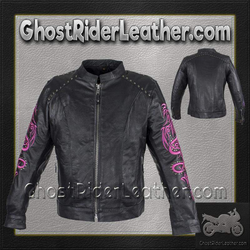 Ladies Racer Leather Jacket With Studs and Hot Pink Sleeve Design - SKU LJ7018-HOTPINK-11-DL