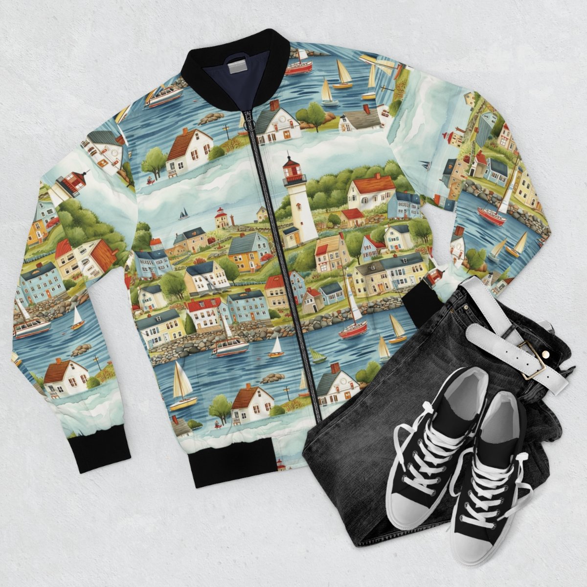 Lighthouses and Cottages - Portland Maine - Men's Bomber Jacket (AOP)