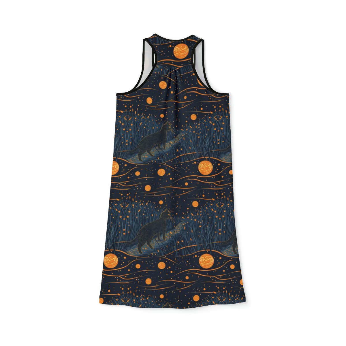 Cat in the Night Sky - Dark Blues Orange Gold Multi Color - Women's Racerback Dress