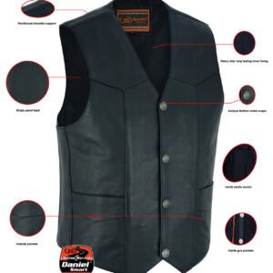 Leather Motorcycle Vest - Men's - Buffalo Nickel Snaps - Gun Pockets - Up To 8XL - DS116-DS