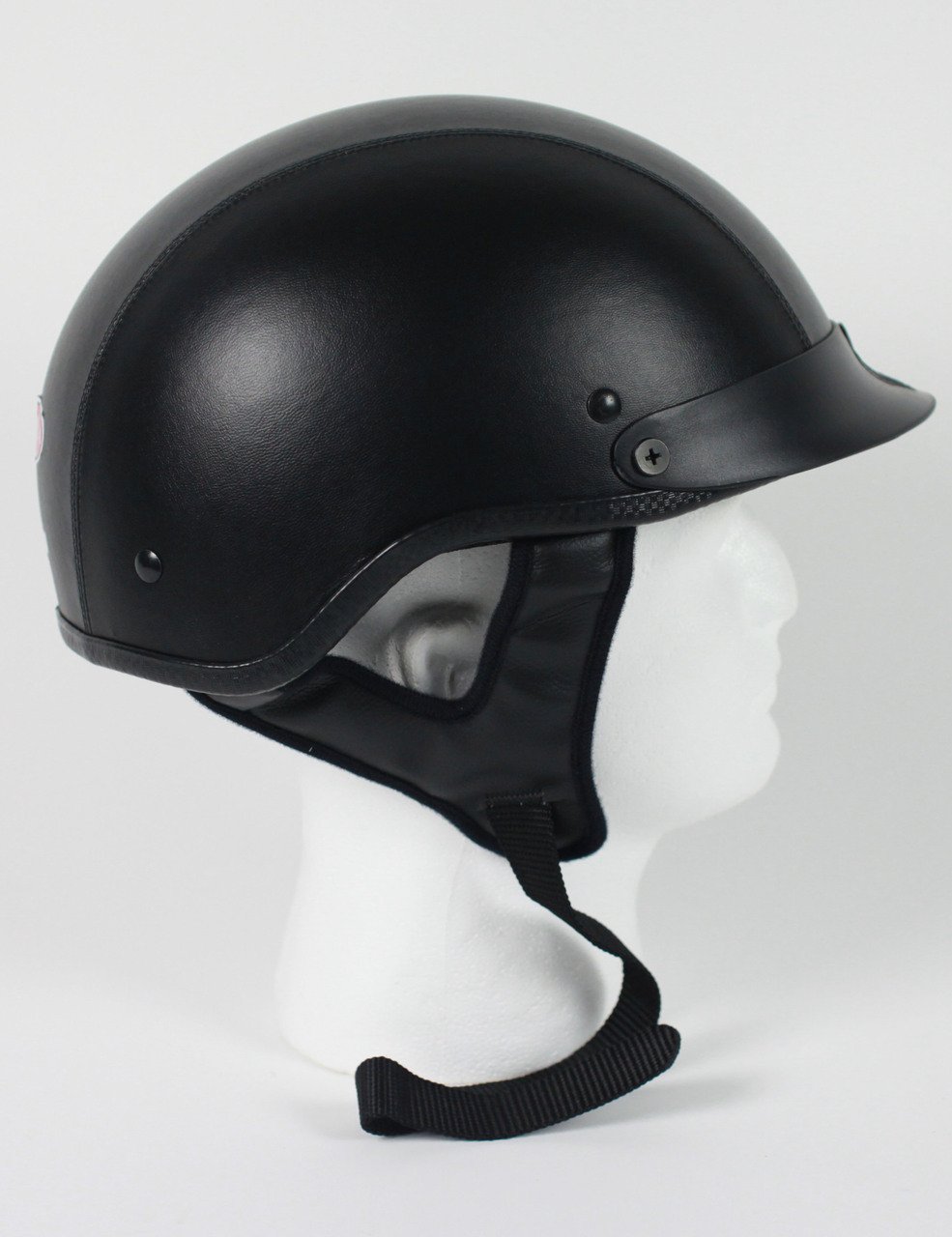 DOT Black Leather Motorcycle Shorty Helmet - Biker Lid - SKU 1L-HI.

FEATURES:

DOT Approved for safety.
Shorty half helmet with visor.
Lightweight, weighs approximately 30 ounces.
EPS liner thickness - 1 inch.
Quality plush interior.
Removable visor.
Stainless Steel Dual D-ring retention system.
Face shield compatible.
DOT clear coated in the back.
Free shipping.