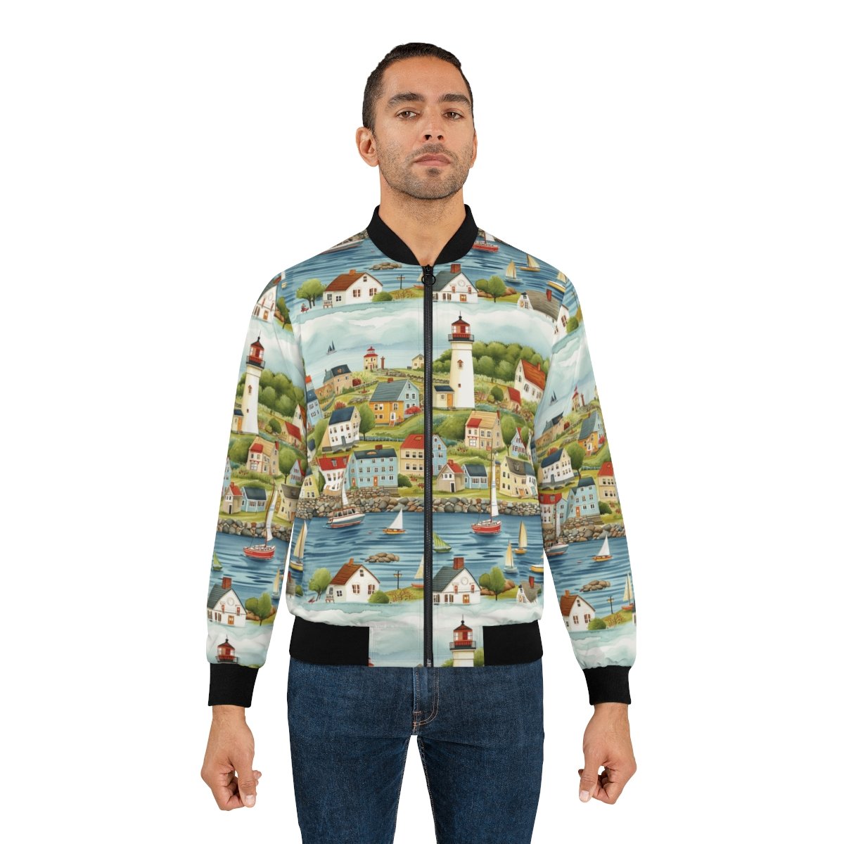 Lighthouses and Cottages - Portland Maine - Men's Bomber Jacket (AOP)