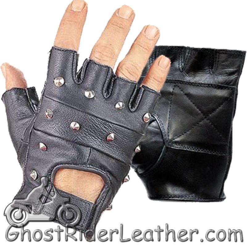 Leather Motorcycle Gloves - Unisex - Studded - Fingerless - GL2010-DL