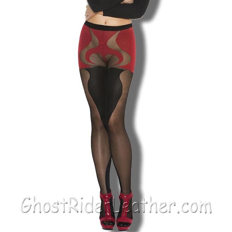 Black and Red Pantyhose - Women's - Sheer and Opaque - With Heart Detail - 1153-EML