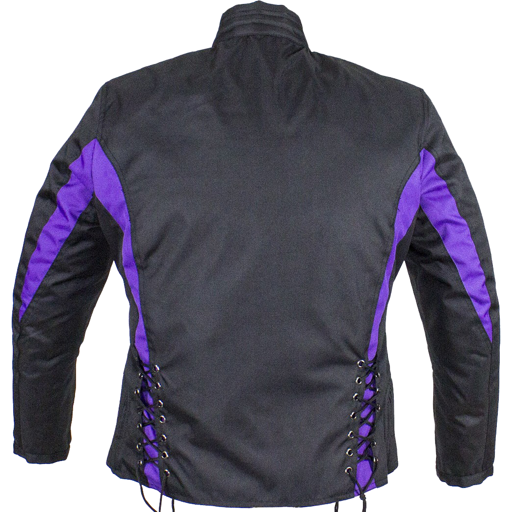 Ladies Textile Racing Jacket In Black and Purple - SKU LJ266-CCN-PURP-DL