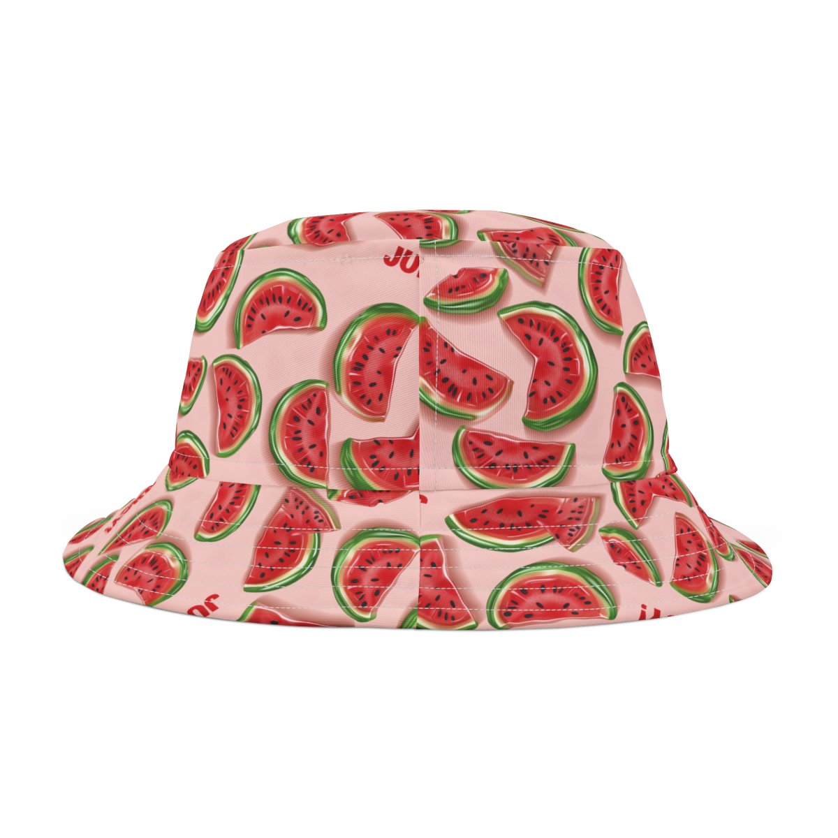 Watermelon Candy Slices Pattern - Text Juicy - Red Green on Pink - Biker Bucket Hat