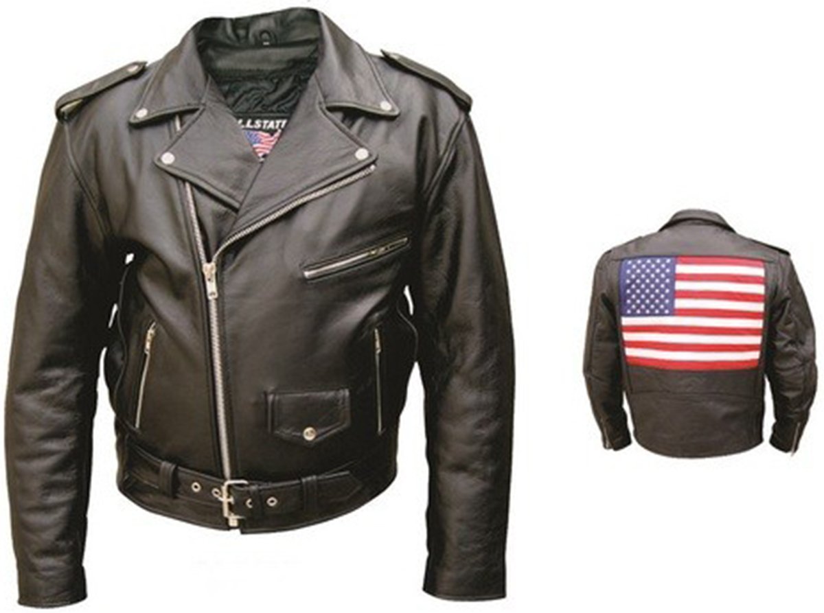 Leather Biker Jacket - Men's - American Flag on Back - AL2018-AL