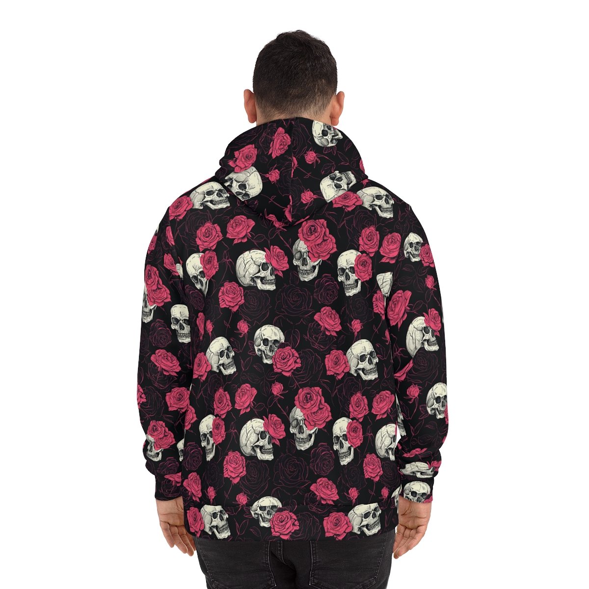 Skulls and Roses - Pink White on Black - Fashion Hoodie (AOP)
