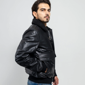 Leather Bomber Jacket - Men's - Black - Faux Shearling Collar - FMM219BP-FM