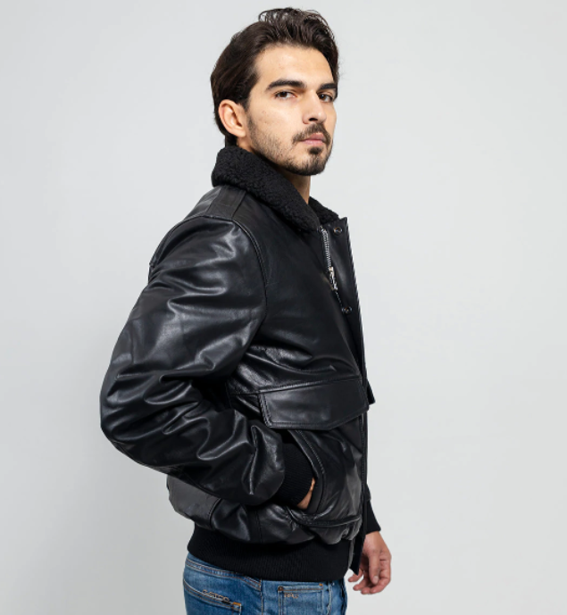 Leather Bomber Jacket - Men's - Black - Faux Shearling Collar - FMM219BP-FM