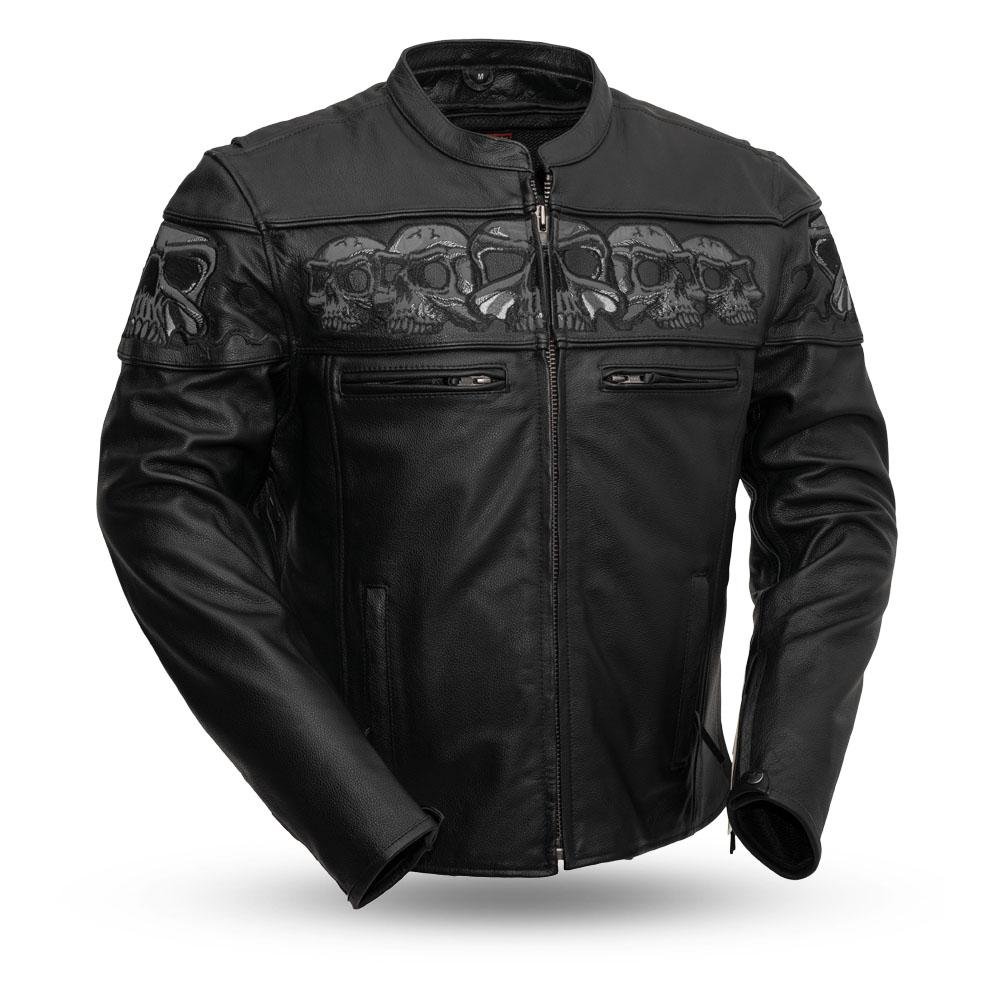 Leather Motorcycle Jacket - Men's - Reflective Skulls - Savage - FIM243CSLZ-FM