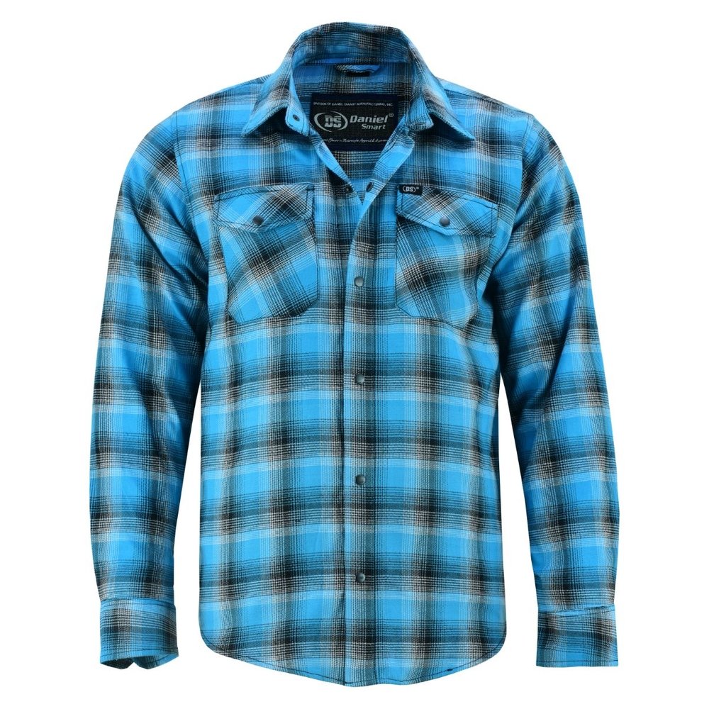 Flannel Motorcycle Shirt - Men's - Up To Size 5XL - Blue and Shaded Black Plaid - DS4683-DS