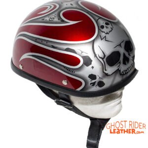Novelty Motorcycle Helmet - Silver Skulls - Burgundy Flames - H401-D4-BURG-1-DL