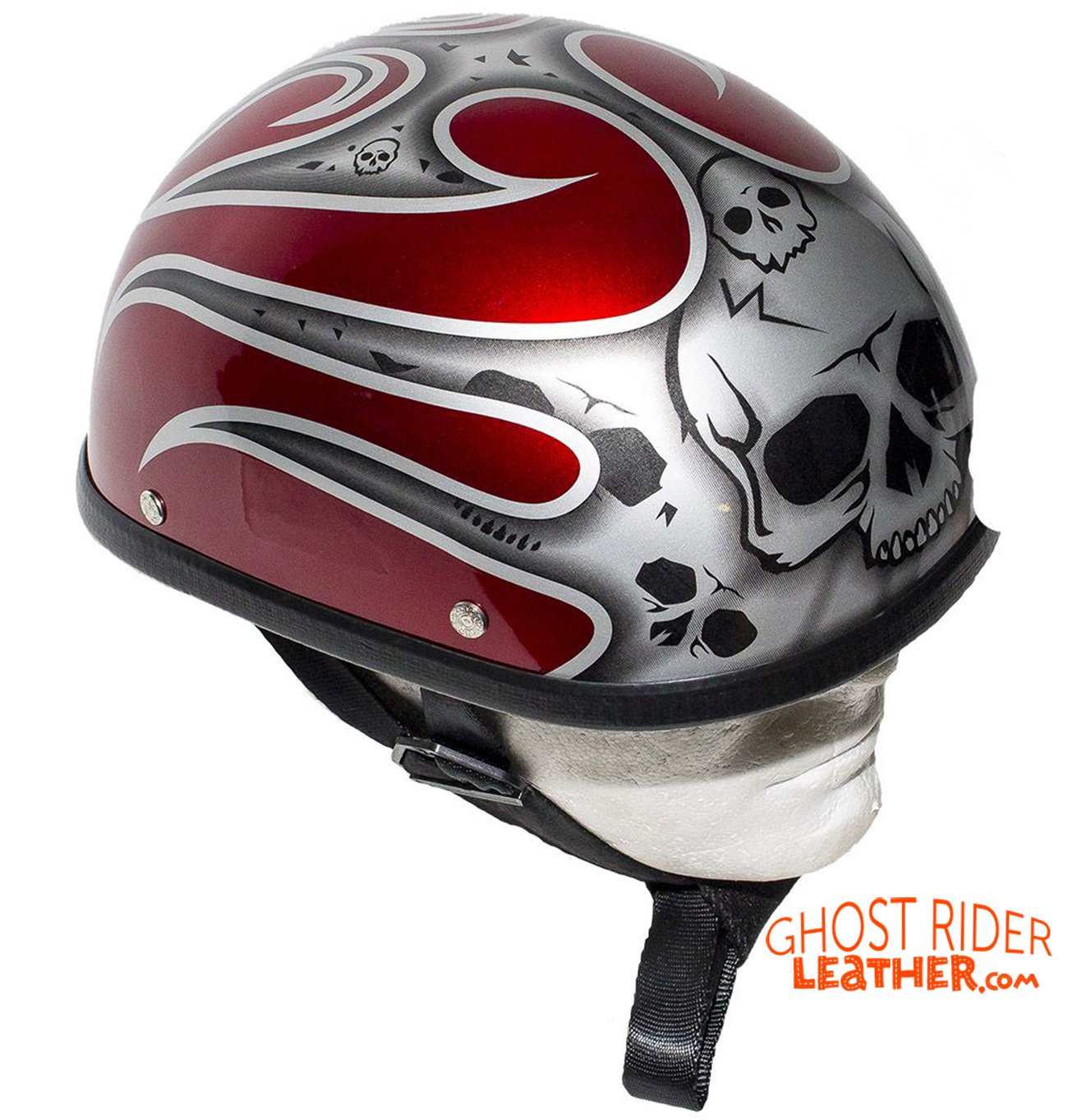 Novelty Motorcycle Helmet - Silver Skulls - Burgundy Flames - H401-D4-BURG-1-DL