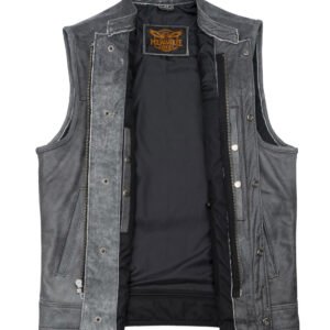 Gray Leather Motorcycle Vest - Men's - Club Style - Up To 64 - MR-MV7320-ZIP-16-DL