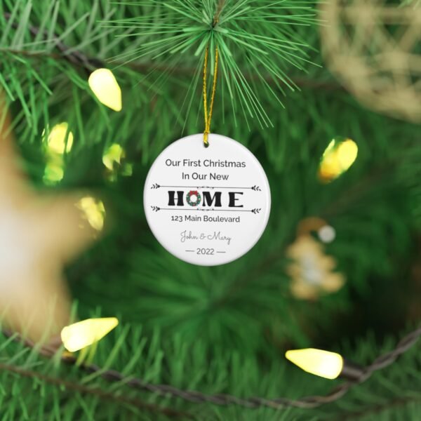 Custom New Home Ceramic Ornament - Christmas Wreath - Personalized