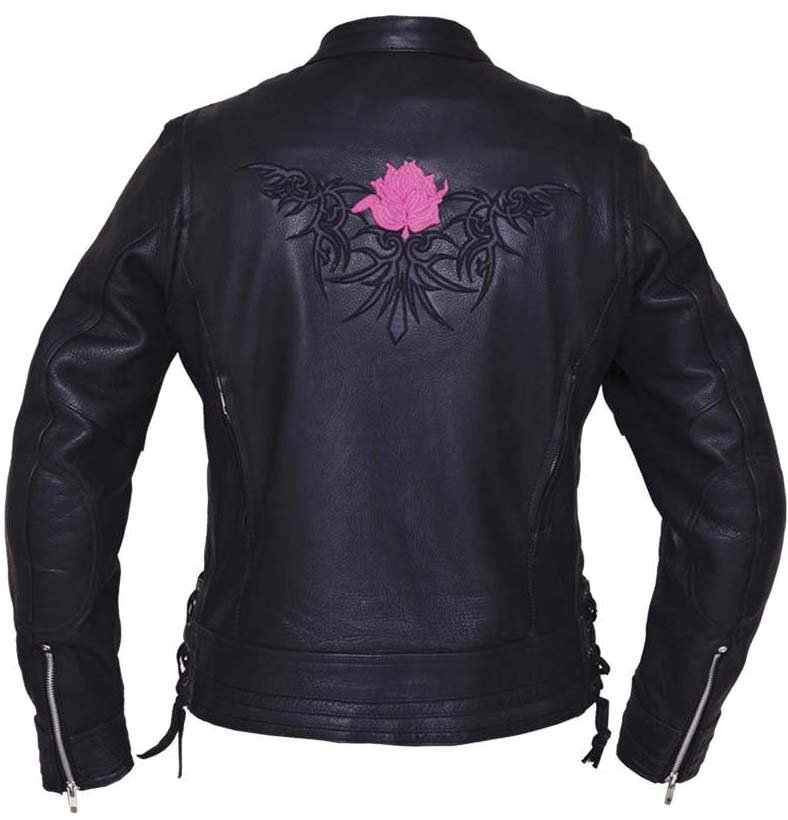 UNIK Ladies Premium Leather Motorcycle Jacket With Hot Pink Embroidered Rose - 6801-24-UN