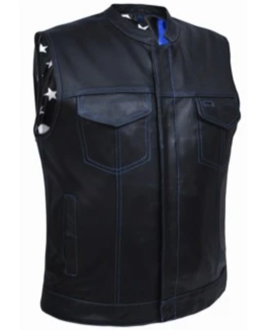 Leather Motorcycle Vest - Men's - Up To 5XL - USA Flag Liner - Thin Blue Line - 6670-00-UN