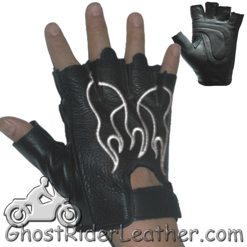Leather Motorcycle Gloves - Fingerless - White Flames - GL2018-DL
