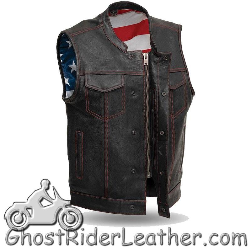 Leather Motorcycle Vest - Men's - Red Stitching - Up To Size 8XL - USA Flag Lining - FIM684CDM-FM