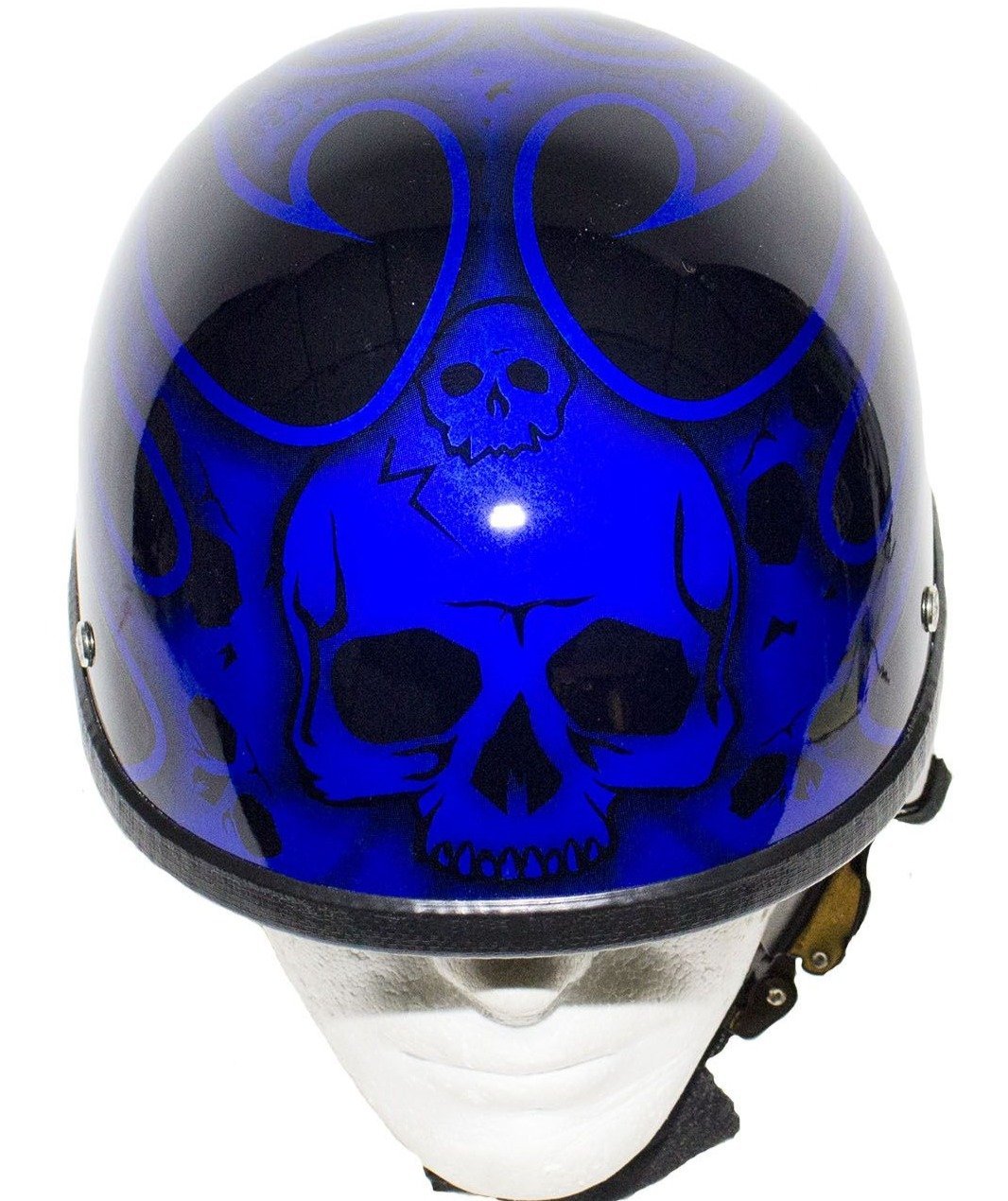 Novelty Motorcycle Helmet - Gloss Blue - Burning Skull - Shorty - H401-D4-BLUE-DL Size Chart