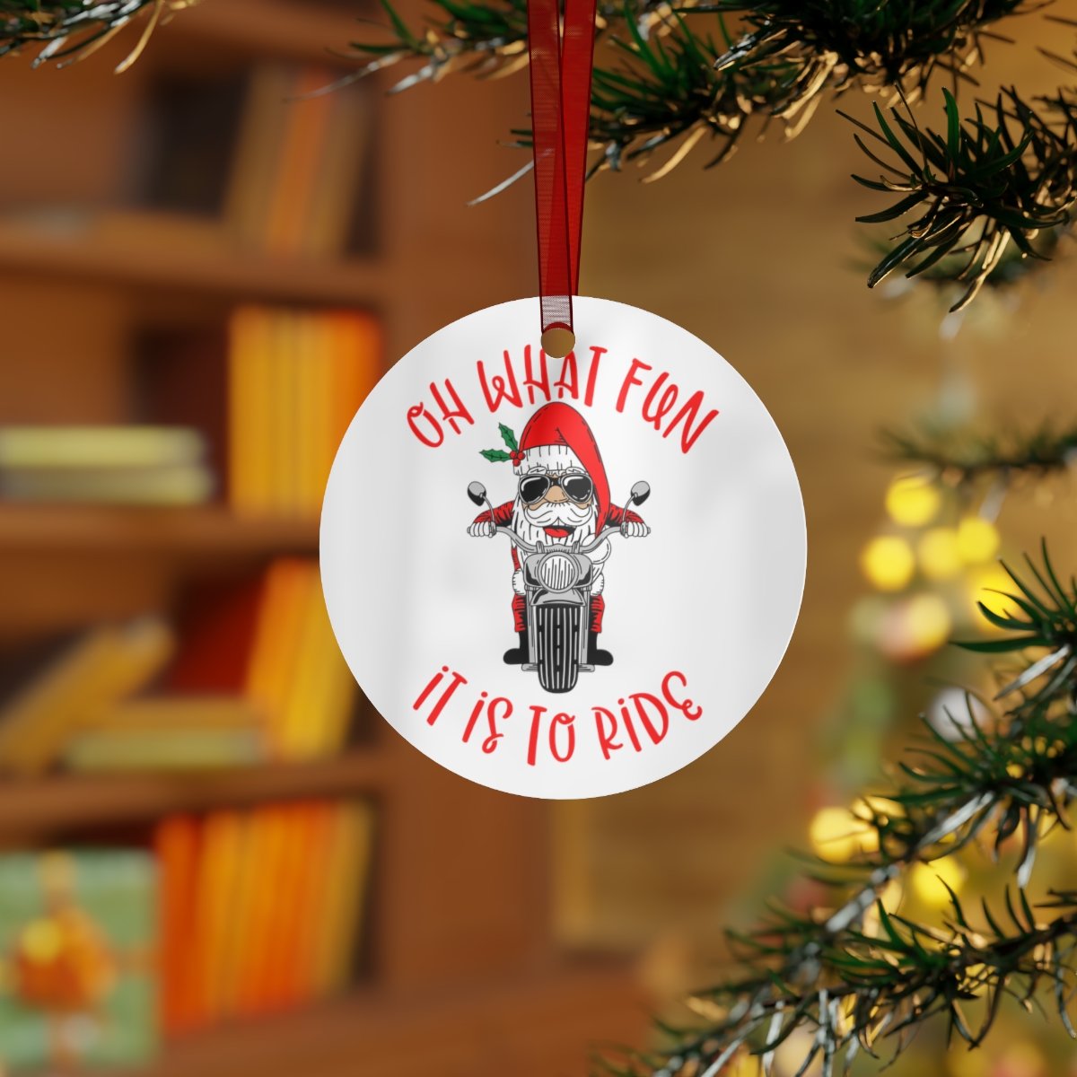 Christmas Ornament - Santa - Motorcycle - Red - Green - Round - Metal Ornaments