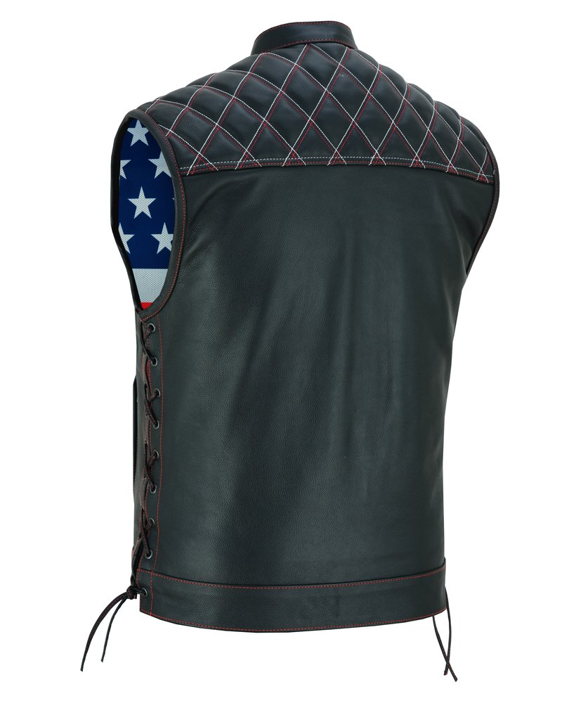 Leather Motorcycle Vest - Men's - Road Edge - USA Flag Liner - Hoodie - Up To 8XL - DS194-DS