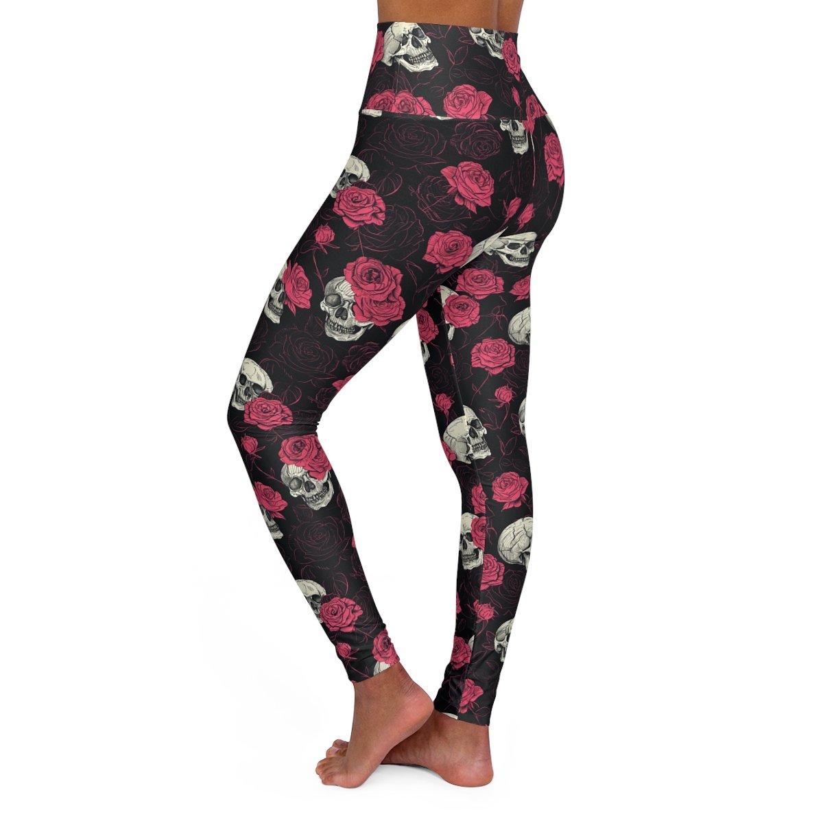 Skulls and Roses Doodles - Pink White on Black - High Waisted Yoga Leggings (AOP)