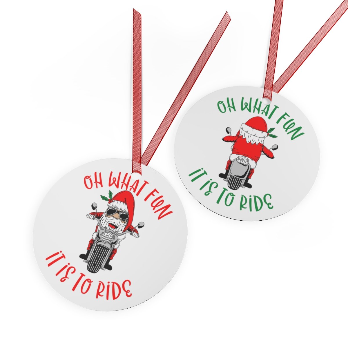 Christmas Ornament - Santa - Motorcycle - Red - Green - Round - Metal Ornaments