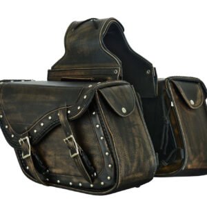 Saddlebags - Leather - Distressed Brown - Studs - Motorcycle Luggage - SD4065-12N-DL