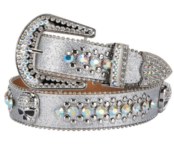 Unisex Rhinestone Bling Belt - Silver - Skulls - Rhinestones - Faux Leather - FBL20-DL