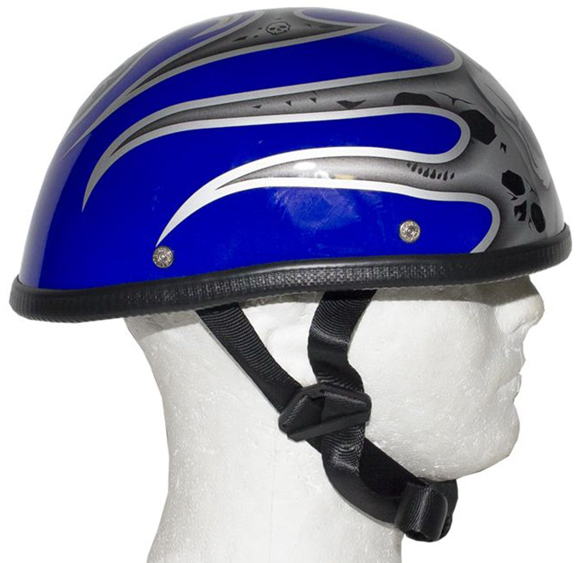Novelty Motorcycle Helmet - Silver Skulls - Blue Flames - H401-D4-BLUE-1-DL