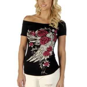 Women's Off Shoulder Blossomed Elegance Shirt - Roses and Feathers - 7642BLK-DS