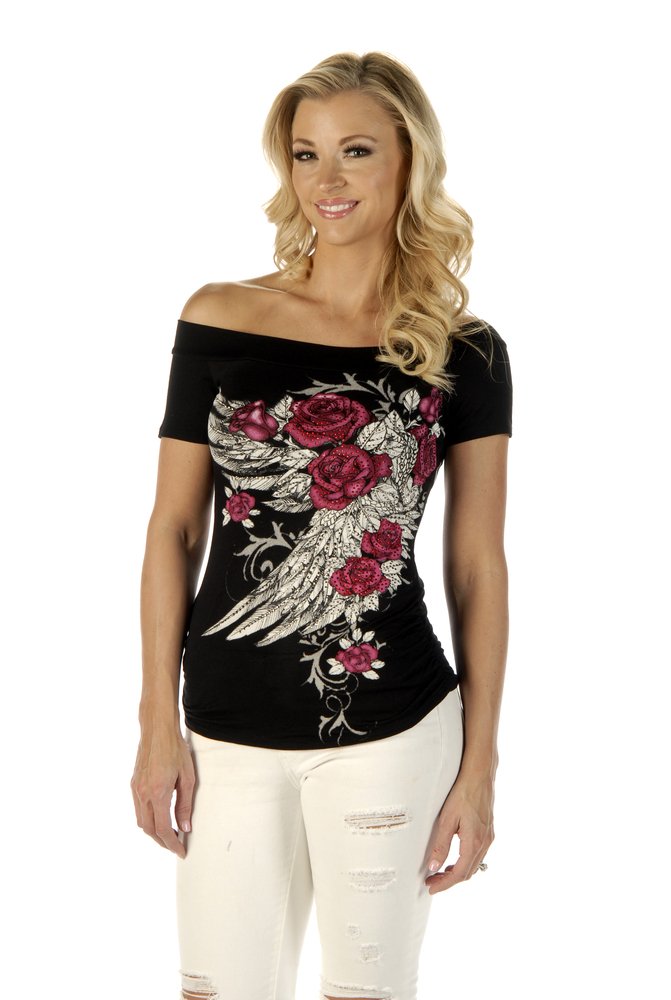 Women's Off Shoulder Blossomed Elegance Shirt - Roses and Feathers - 7642BLK-DS