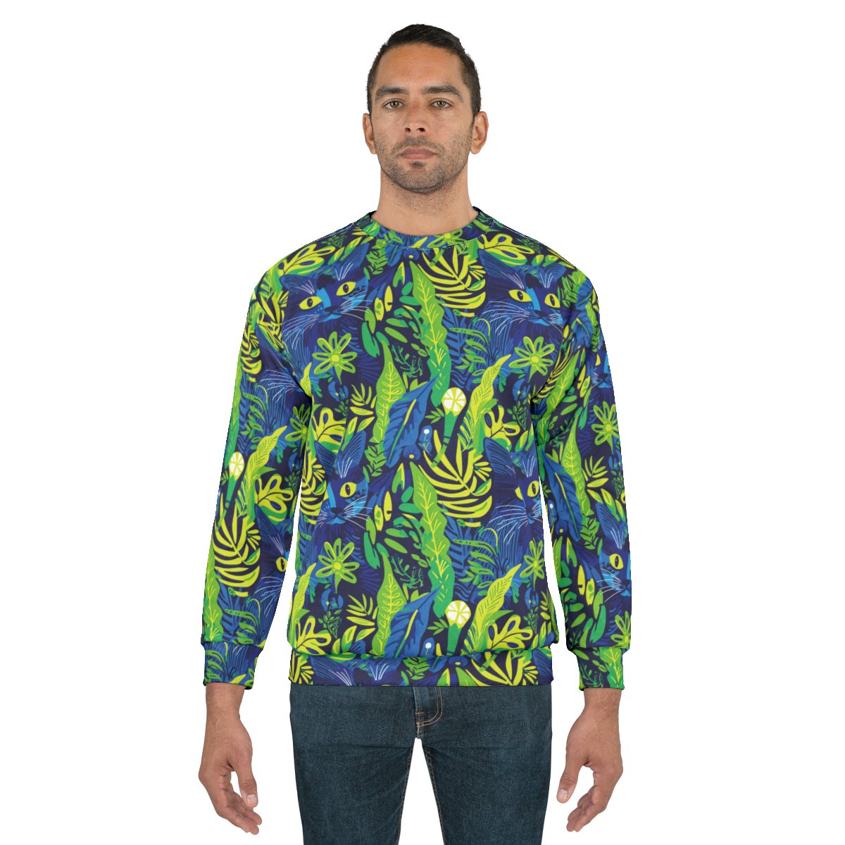 Cat Hiding in the Plants - Blues Greens Yellow - Multi Colors - Unisex Sweatshirt