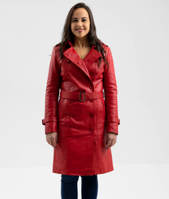 Fire Red Leather Trench Coat - Women's - Olivia - WBL3071-RED-FM