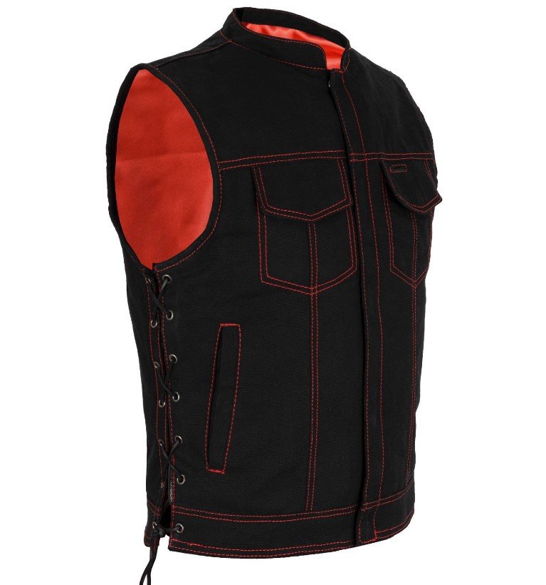 Denim Motorcycle Vest - Men's - Red Stitching - MV97320-ZIP-RTRL-BD-DL