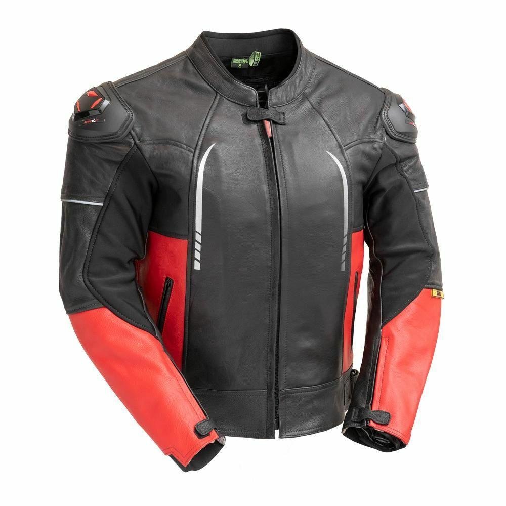 First Manufacturing Company Mens PowerSports Leather Racing Jacket - Red and Black - AT-1104-RED-FM