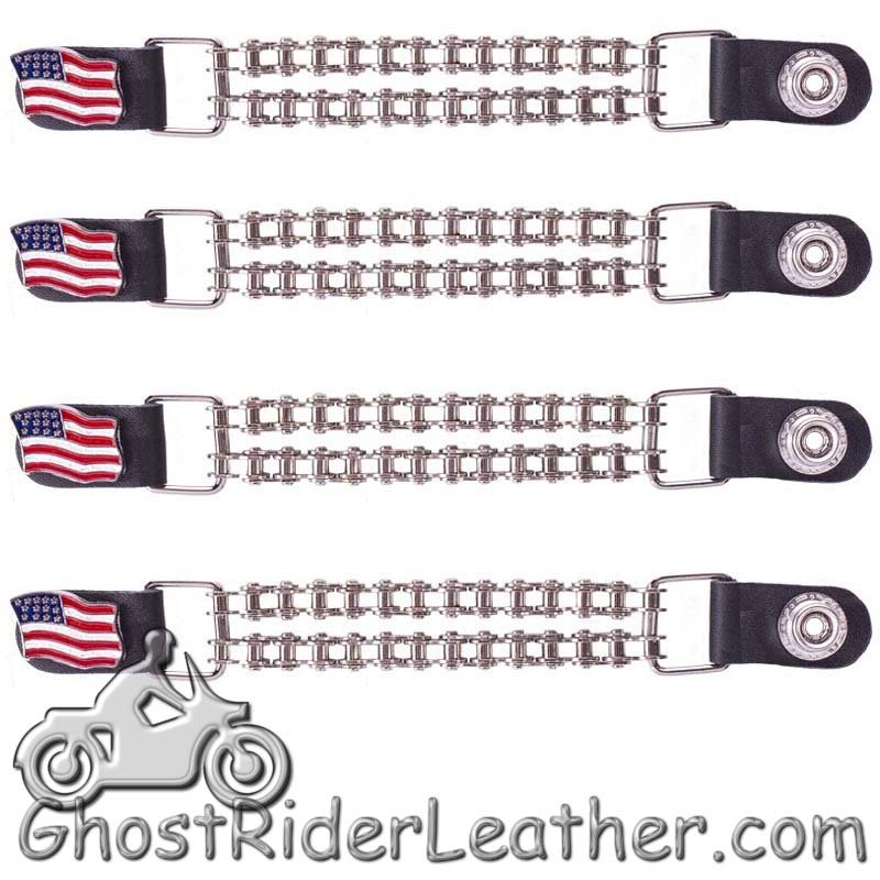 Set of Four USA Flag Vest Extenders with Chrome Motorcycle Chain - AC1058-BC-DL