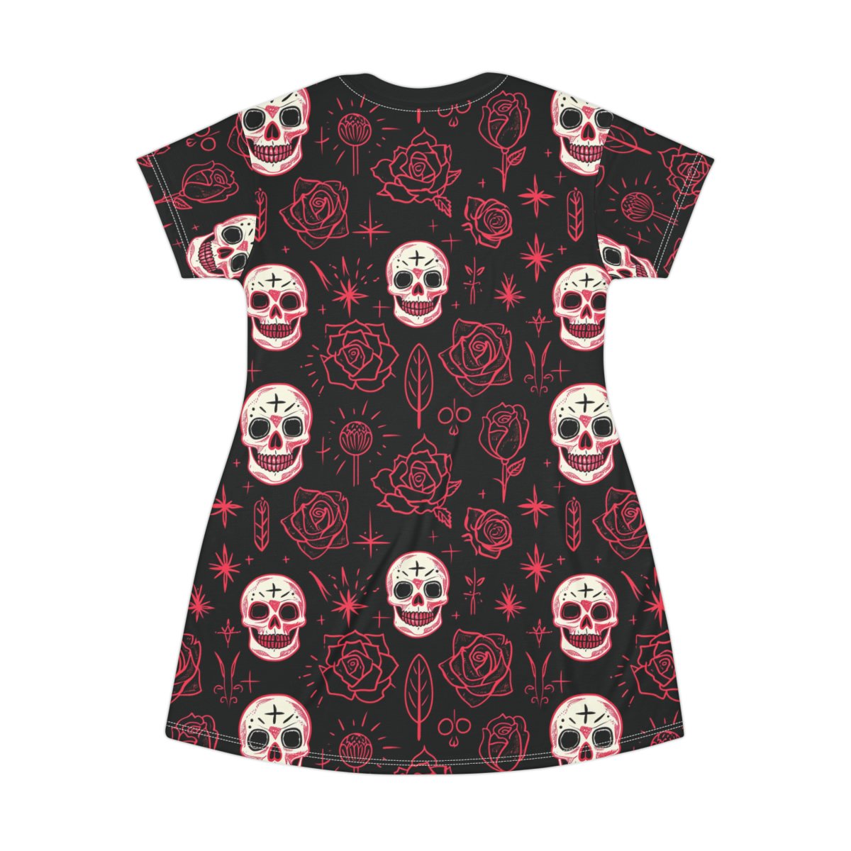 Skulls and Roses - Pink White on Black - T-Shirt Dress (AOP) Skulls and Roses - Pink White on Black - T-Shirt Dress (AOP)