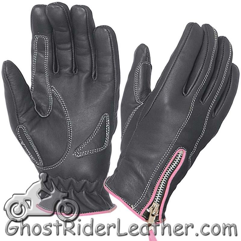 Ladies Full Finger Leather Motorcycle Riding Gloves With Hot Pink Piping - SKU GRL-8261.24-UN