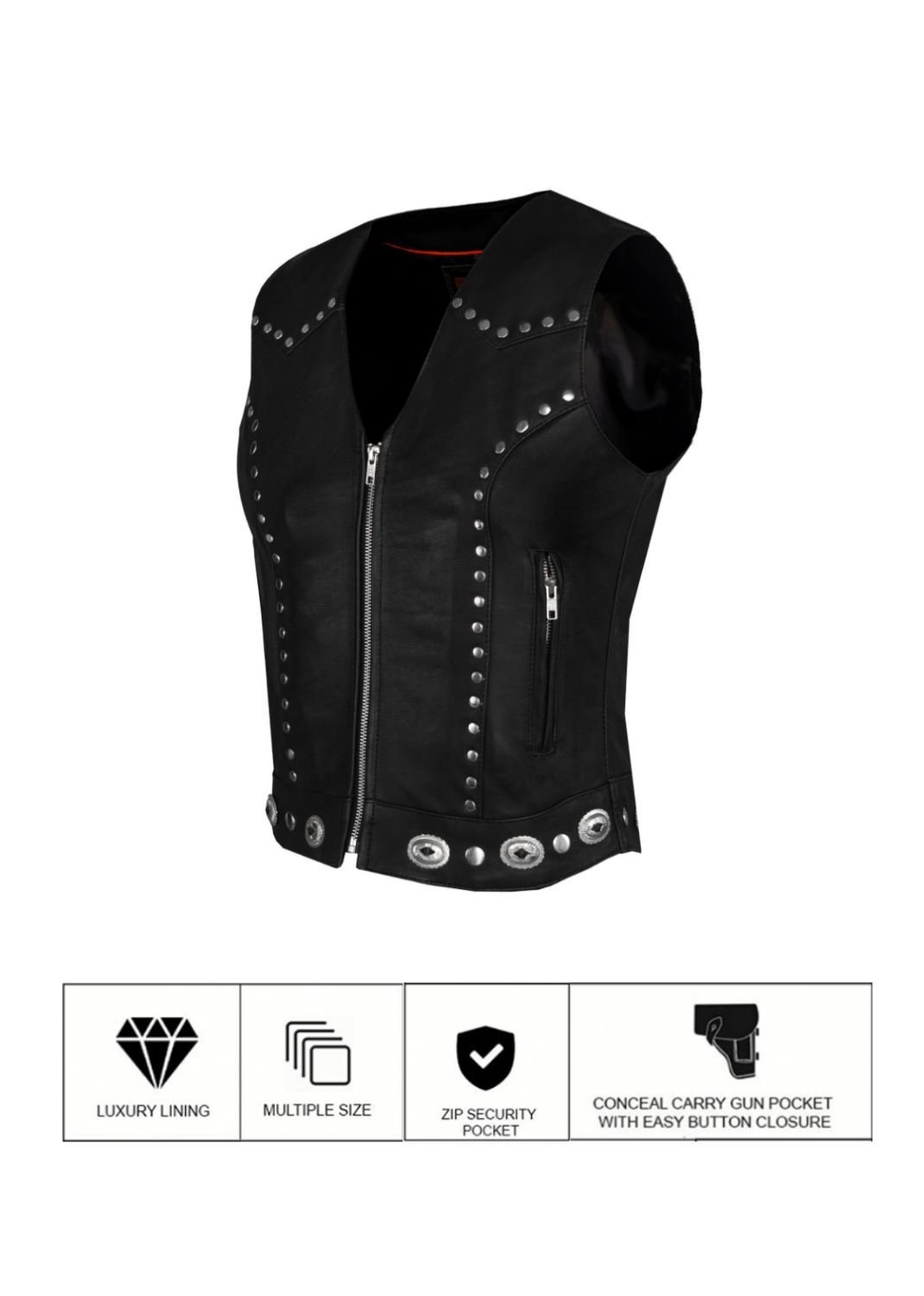 Leather Motorcycle Vest - Women's - Studs - Conchos - Zipper - N-LV8505-11-DL