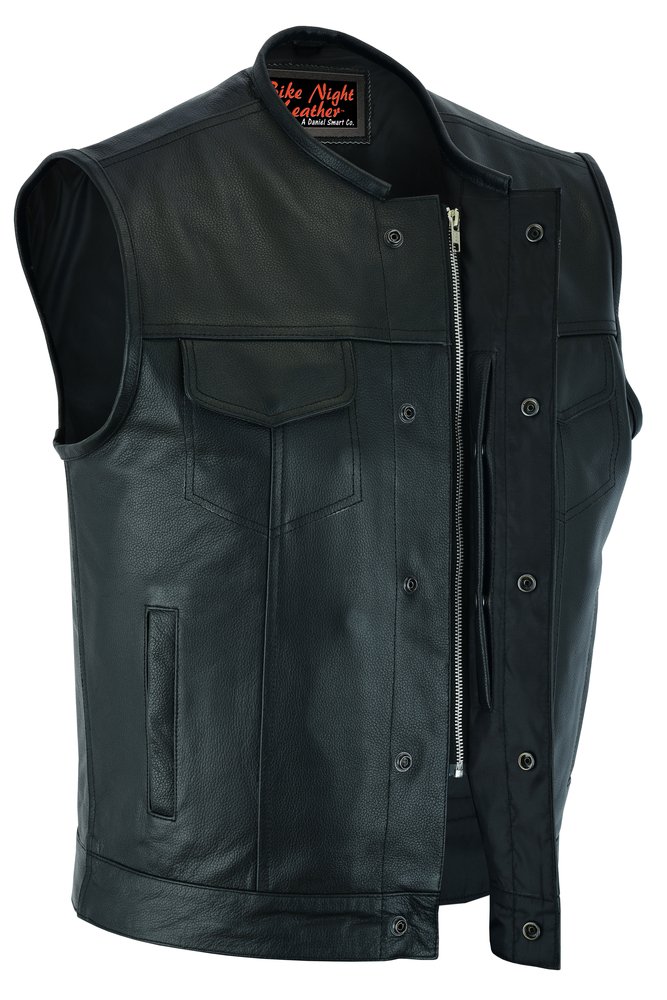 Leather Motorcycle Vest - Men's - Gun Pockets - Up To 12XL - No Collar - Big and Tall - AM9193-DS