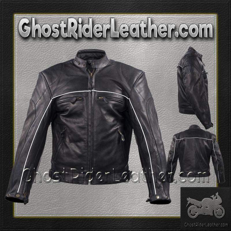 Men's Motorcycle Leather Jacket - Reflective Piping - MJ780-BLK-DL