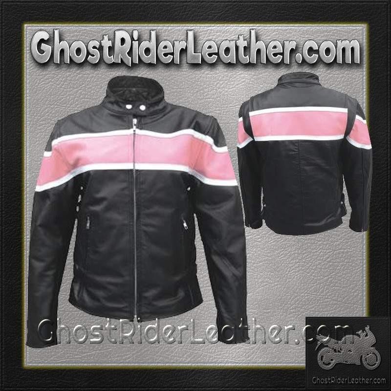 Ladies Racer Biker Leather Jacket With Pink Stripe - SKU AL2173-AL