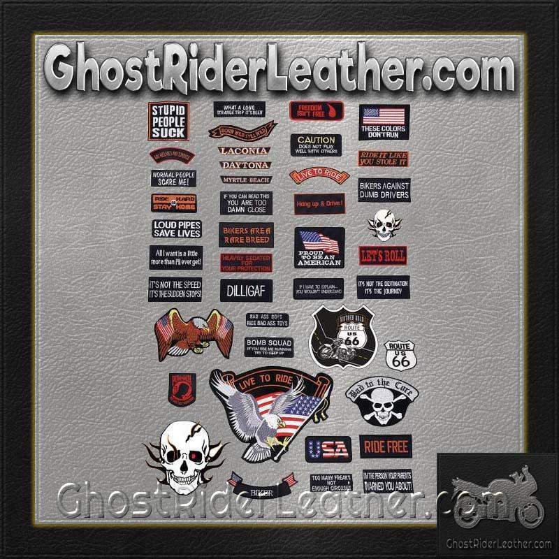 Live To Ride 42 Piece Embroidered Motorcycle Biker Patches Set- SKU GRL-GFPATCH42-BN