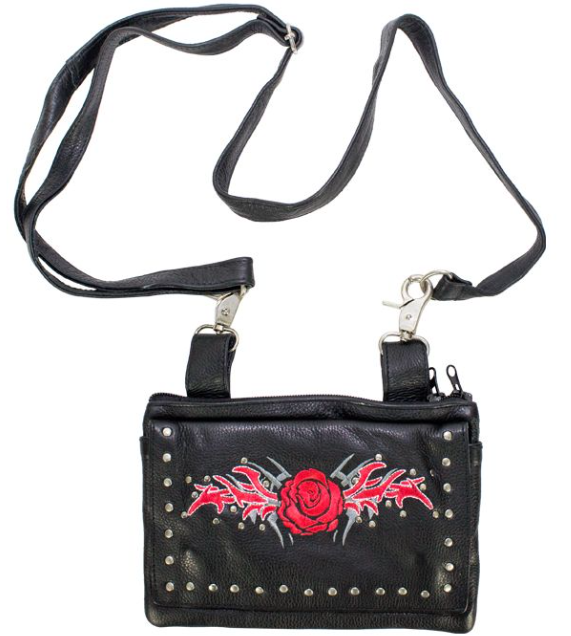 Leather Belt Bag - Red - Rose Design - Handbag - BAG35-EBL6-RED-DL