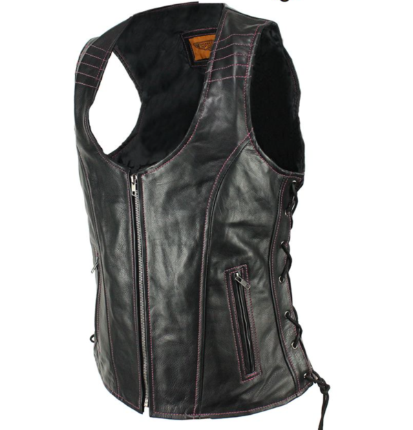 Leather Vest - Women's - Concealed Gun Pockets - Pink Stitching - LV8526-11-PINK-DL