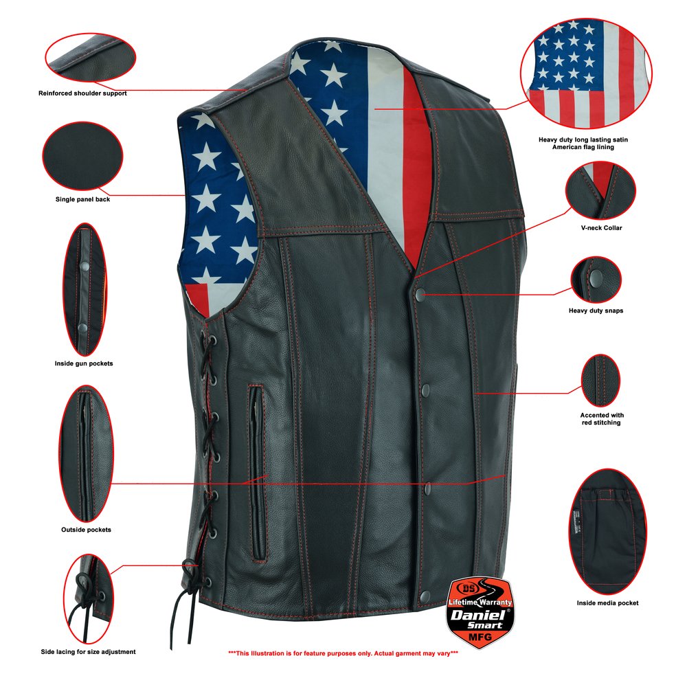 Leather Motorcycle Vest - Men's - Honor Ride - USA Flag Liner - Up To 8XL - DS156-DS